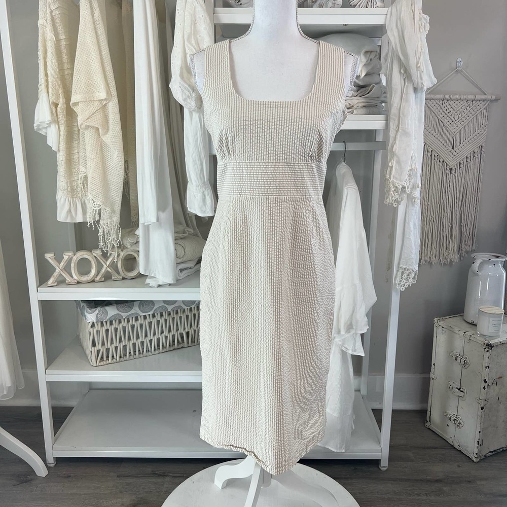 *Spiegel women's size 14 seersucker khaki & white sheath dress 1144
